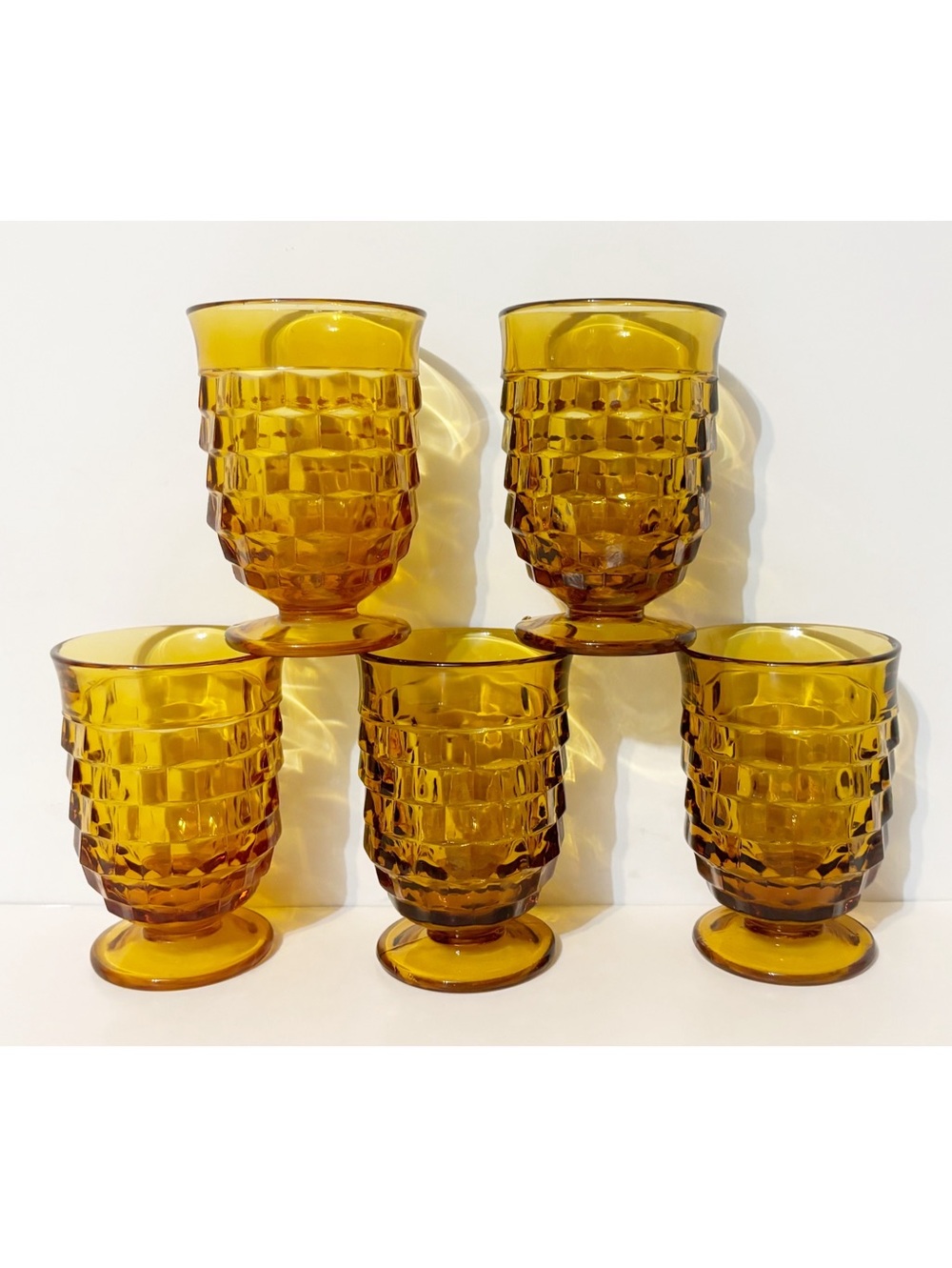 5 Vintage 1970'S Indiana Glass Co. Whitehall Cubist Amber Footed Juice Glasses